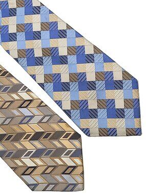 Lot of 2 Beige Blue Geometric Squares Stripes Silk Tie Necktie 3.75 x 59